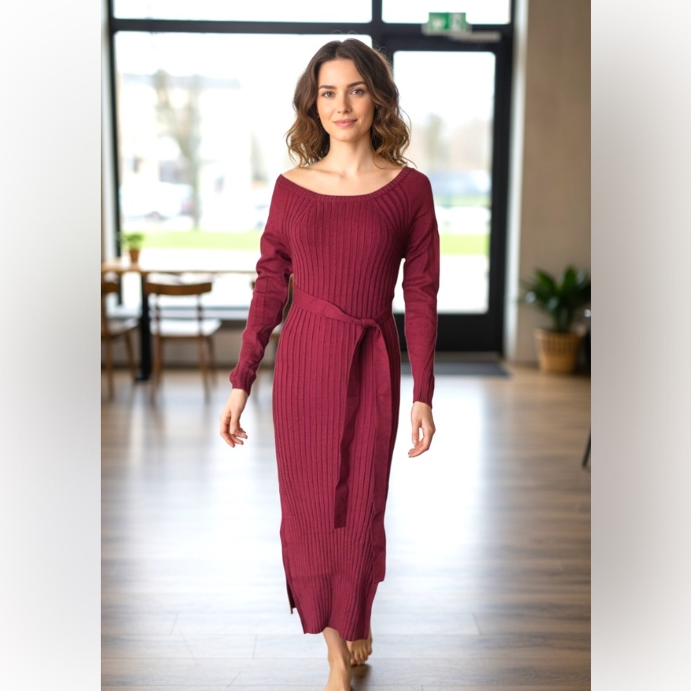 Women Long Sleeve Burgundy‎ Knit Sweater Midi Dress M Women Bodycon Ribbed Fall